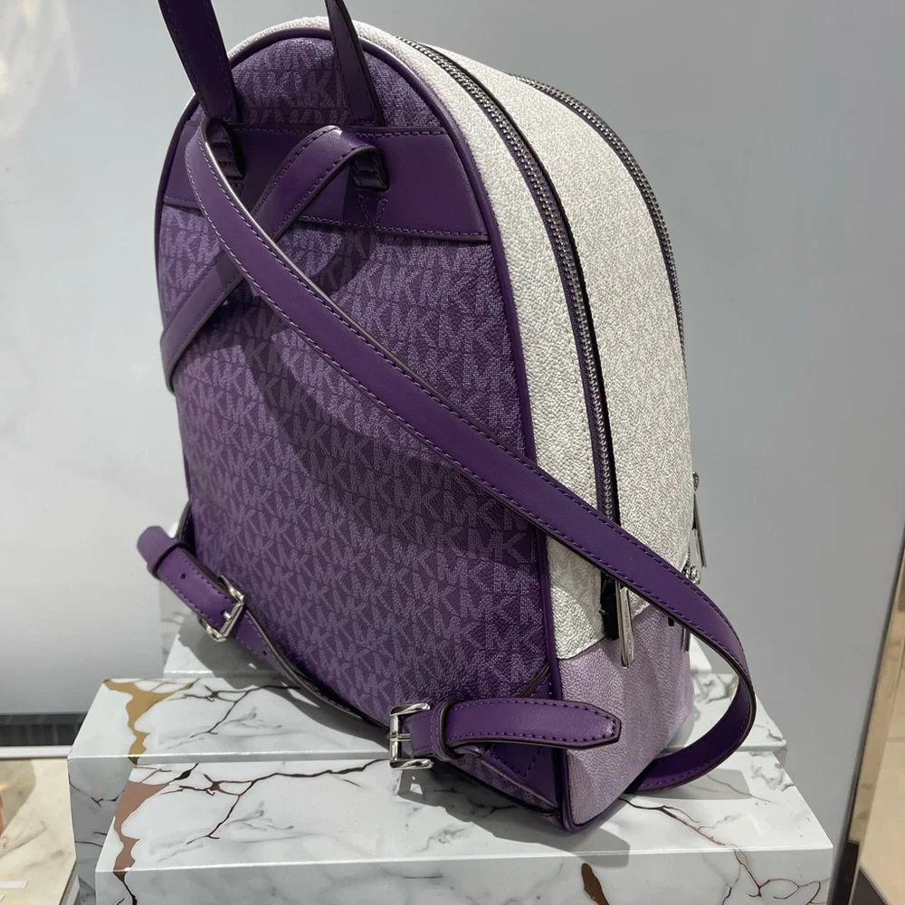 MICHAEL KORS Rhea Md Zip Color-Block Signature Logo Backpack Dark Purple MLT NWT
